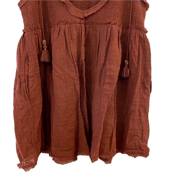 Free People Womens Sundress Brown Short Smocked V Neck Tassels Cotton Large - Picture 5 of 8